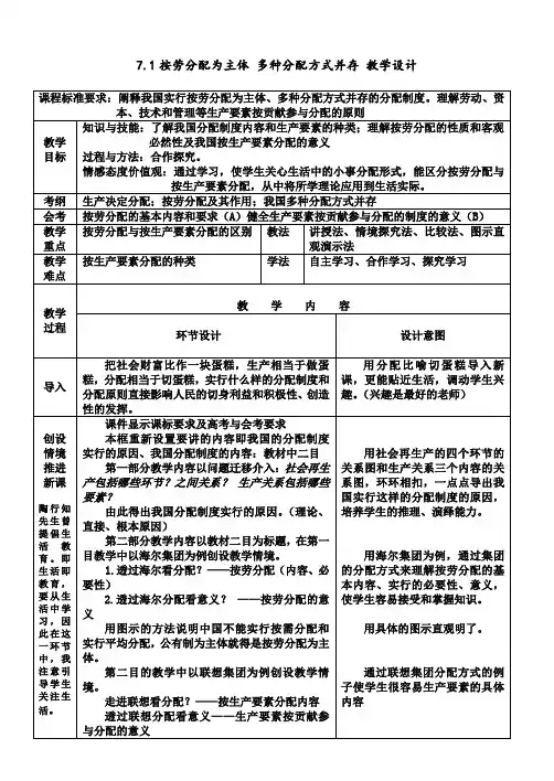 高中政治必修一7.1按劳分配为主体 多种分配方式并存