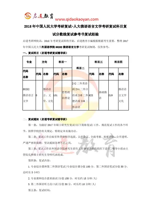 2018年中国人民大学考研复试-人大俄语语言文学考研复试科目复试分数线复试参考书复试经验