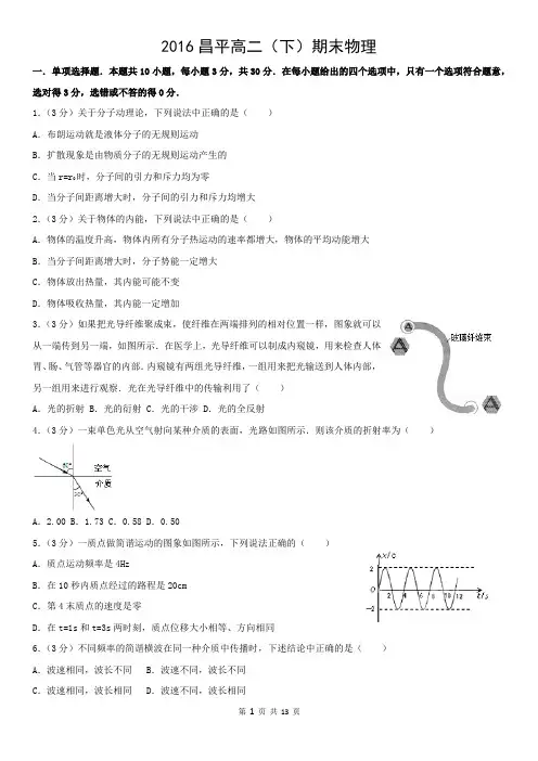 2016昌平高二(下)期末物理