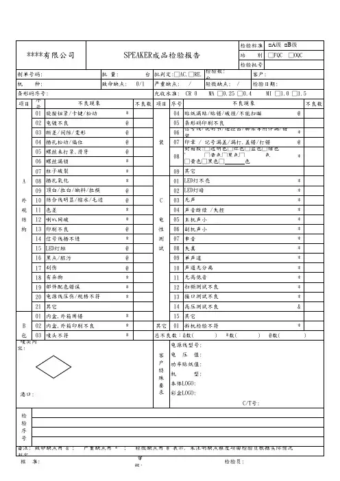SPEAKER音箱成品检验报告
