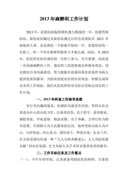 2013年手术室麻醉科工作计划