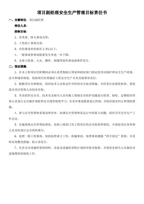 项目副经理安全生产管理目标责任书