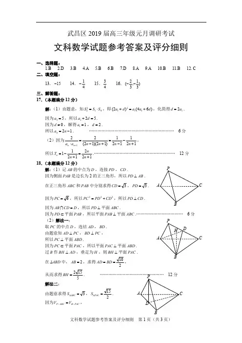 武昌区2019届高三年级元月调研考试_文数试题答案
