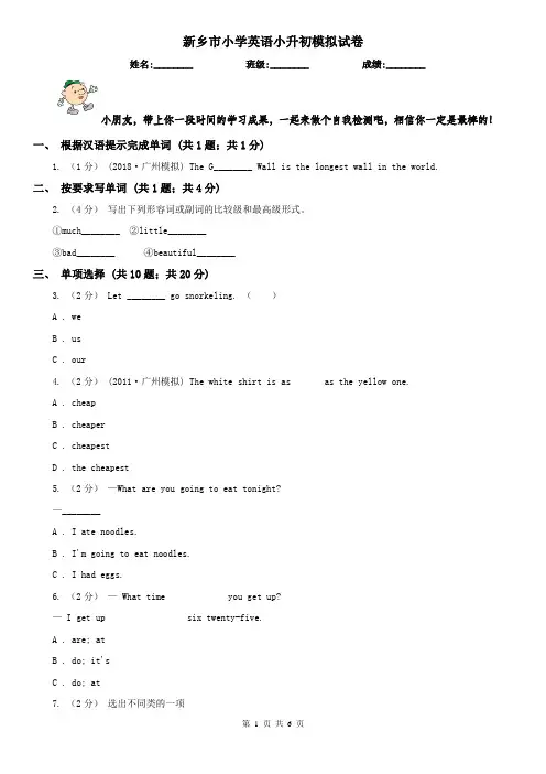 新乡市小学英语小升初模拟试卷