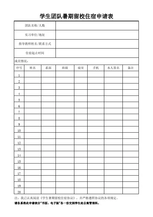 学生团队暑期留校住宿申请表