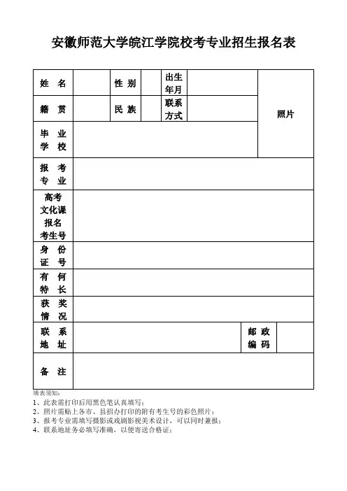XX大学皖江学院校考专业招生报名表【模板】