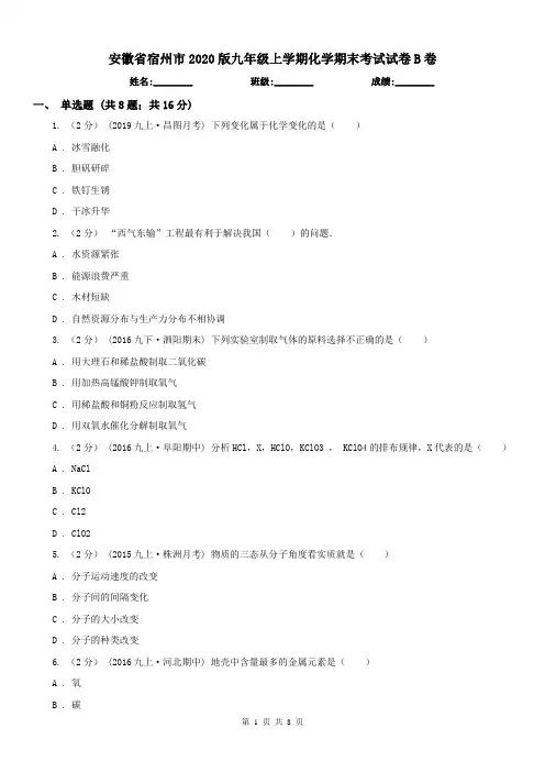 安徽省宿州市2020版九年级上学期化学期末考试试卷B卷(练习)