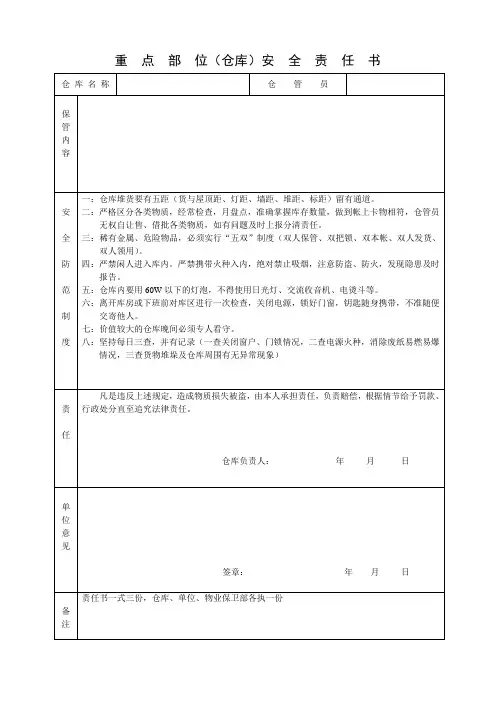 重点部位(仓库)安全责任书