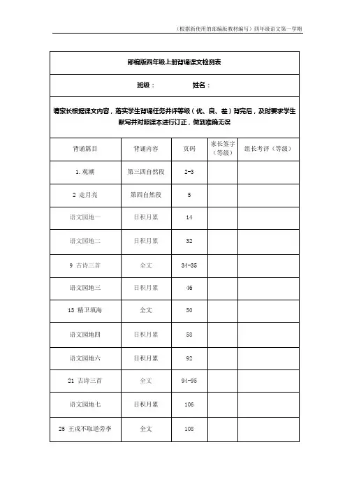 部编版语文四年级上册课文背诵闯关表及必背内容汇总