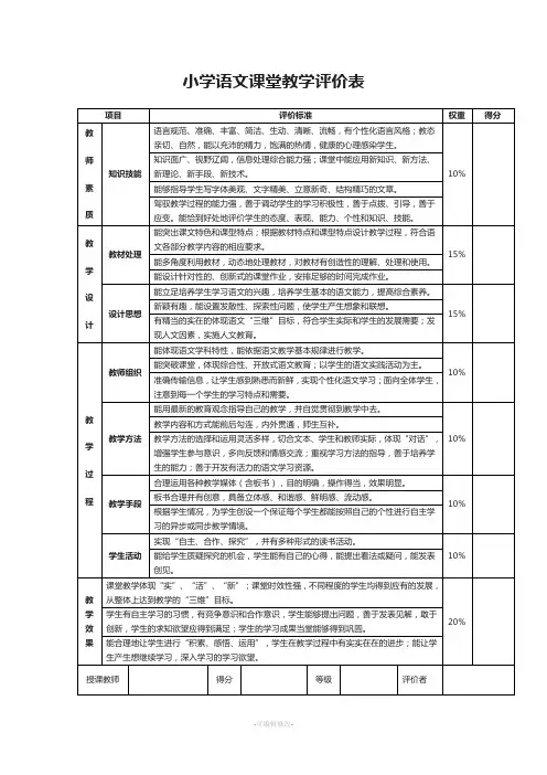 小学语文课堂教学评价表