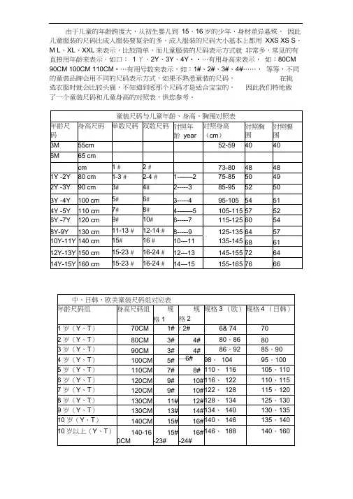 婴儿儿童服装尺码、身高、衣长对照表及计算表