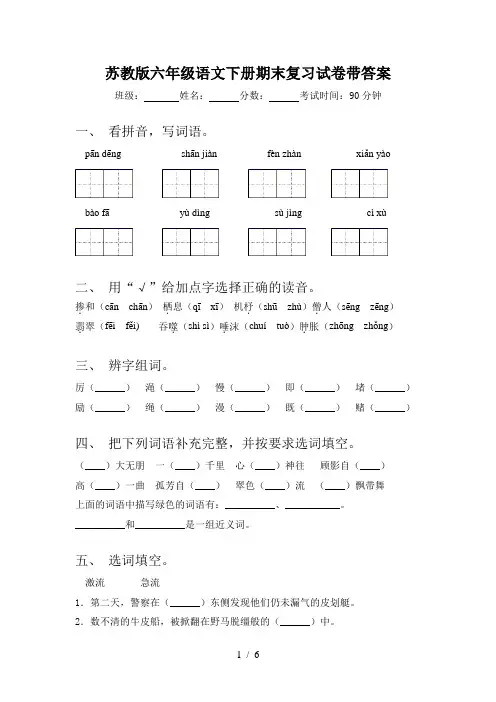 苏教版六年级语文下册期末复习试卷带答案