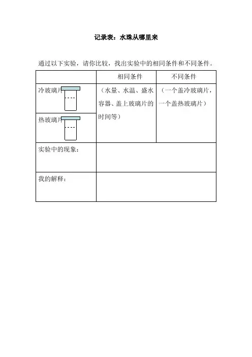 小学科学记录表:水珠从哪里来