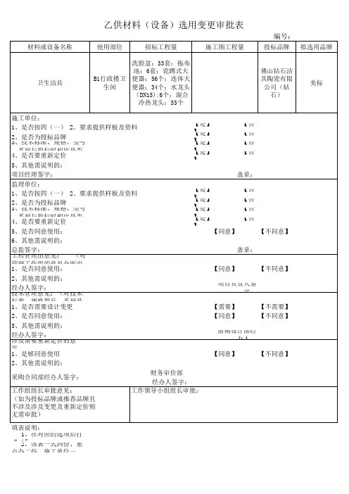 乙供材料(设备)选用变更审批表(格式二)