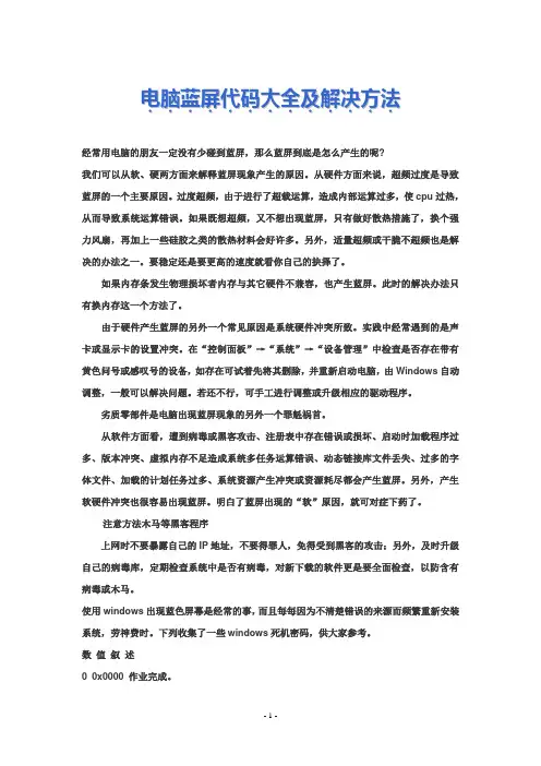 电脑蓝屏代码大全及解决方法