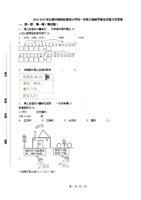 2018-2019年长春市绿园区春光小学校一年级上册数学期末总复习无答案