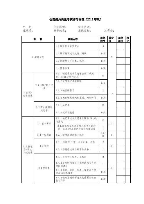 住院病历质量考核评分标准(2018版)