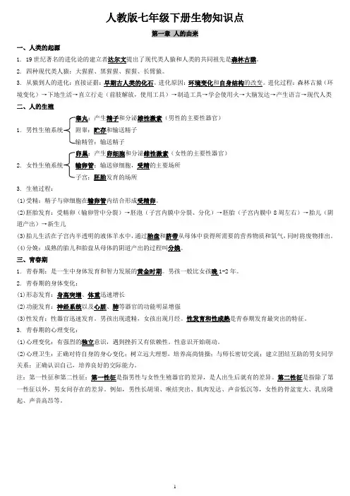 人教版七年级下册生物知识点汇总整理