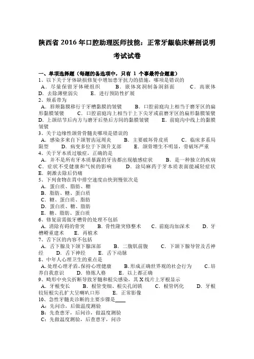 陕西省2016年口腔助理医师技能：正常牙龈临床解剖说明考试试卷