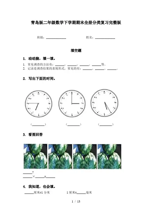 青岛版二年级数学下学期期末全册分类复习完整版
