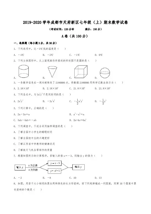 2019-2020学年成都市天府新区七年级(上)期末数学试卷(含解析)