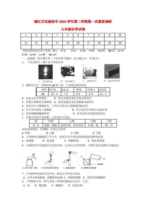 江苏省镇江市实验初中2020学年九年级化学下学期第一次素质调研试题(无答案) 上教版