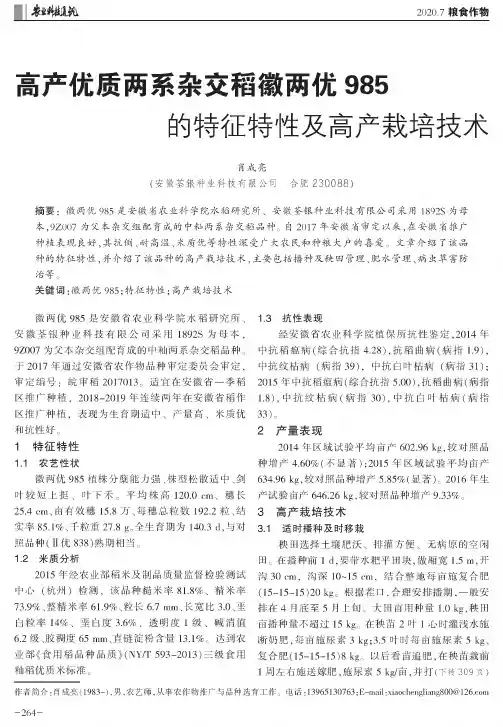 高产优质两系杂交稻徽两优985的特征特性及高产栽培技术