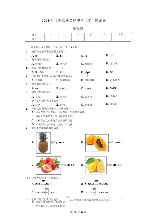 2019年上海市奉贤区中考化学一模试卷
