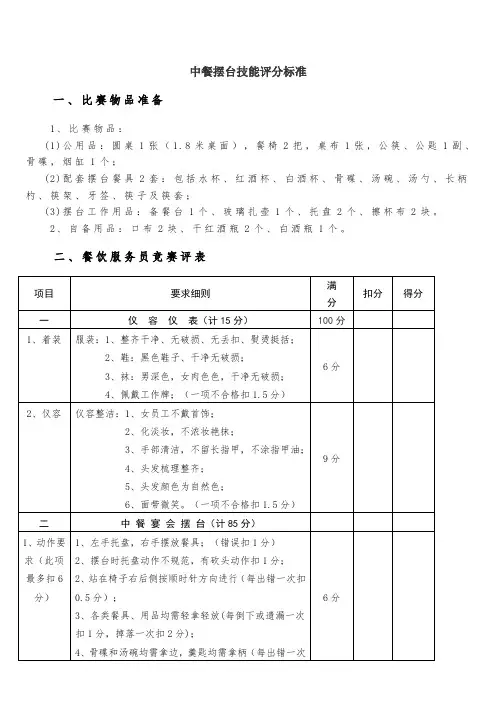 中餐宴会摆台评分标准