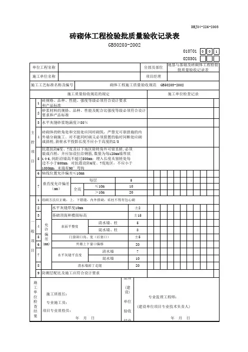 砖砌体工程检验批质量验收记录表 2