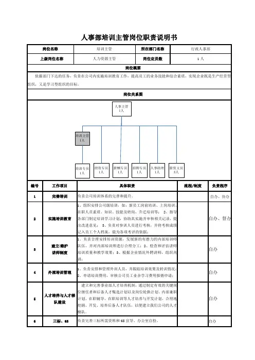 人事部培训主管岗位职责说明书