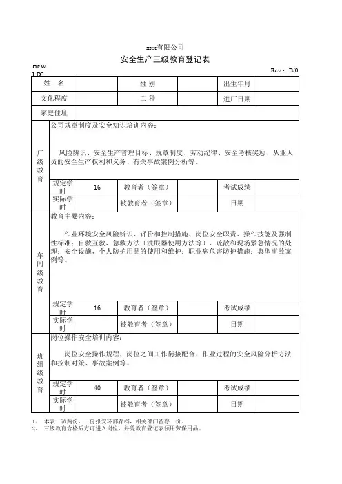 安全生产三级教育登记表 2