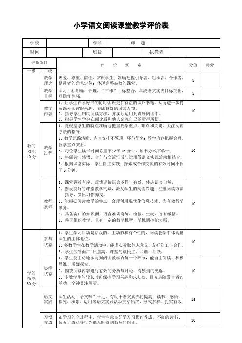 小学语文课堂阅读教学评价表