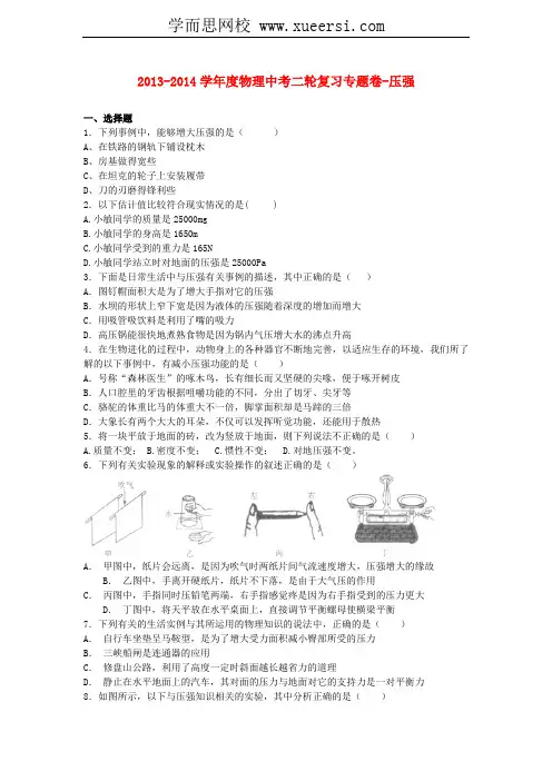2014届中考物理精品专题复习试题解析 压强