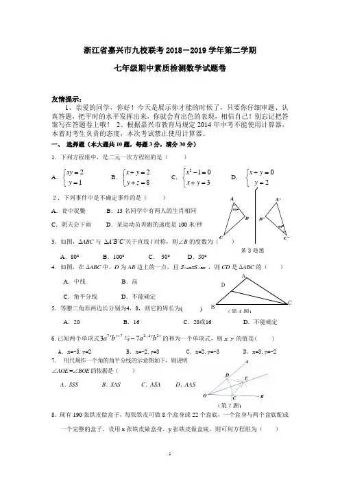 2018-2019年第二学期七年级数学科目期中素质检测卷_试卷