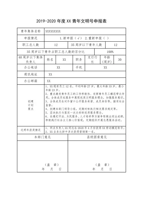 XXX2019-2020年度青年文明号申请表