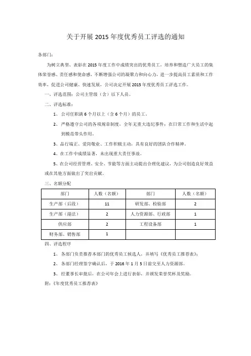 关于开展2015年度优秀员工评选的通知