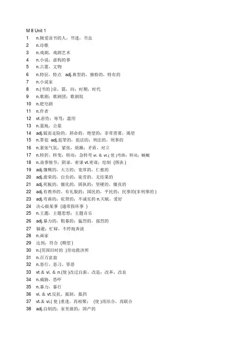 2012新版牛津高中英语模块八词汇表中文默写版