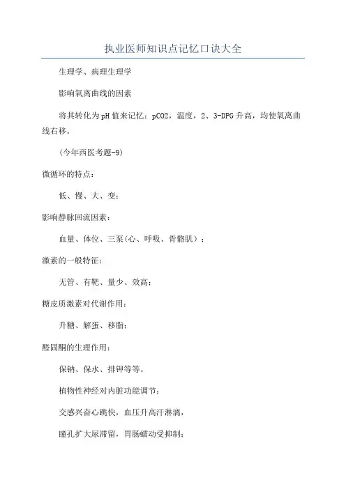 执业医师知识点记忆口诀大全