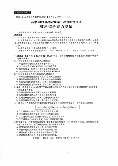 四川省教考联盟2019届高三第三次诊断性考试理科综合试题(含答案)