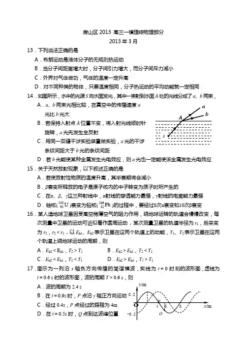2013届北京市房山区高三一模物理试题(WORD精校版)