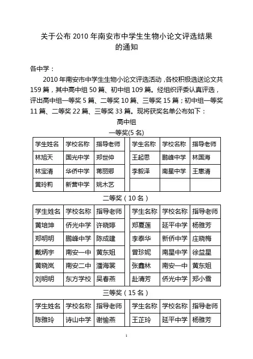 关于公布2010年南安市中学生生物小论文评选结果的通知