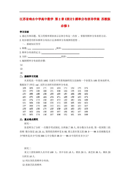 高中数学 第2章《统计》频率分布表 精品导学案 苏教版必修三 
