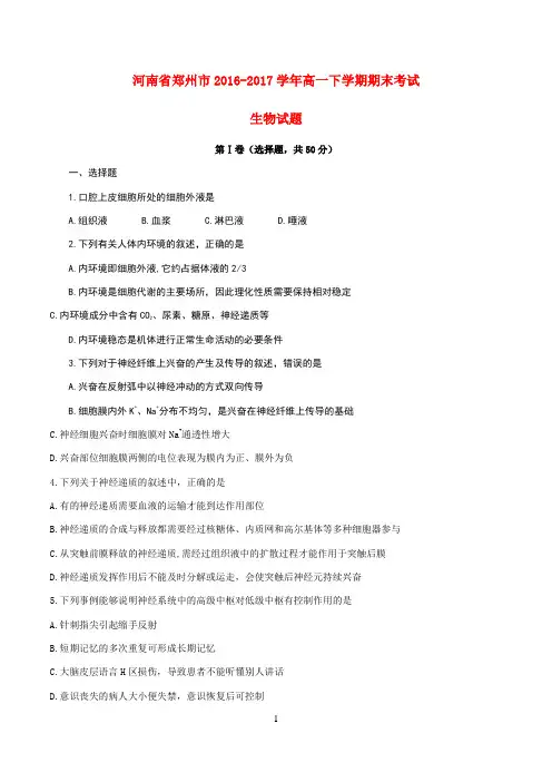 2016-2017郑州市高一下期期末试卷及答案 (1)