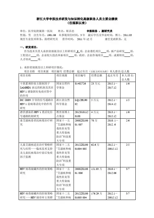 浙江大学申报教授研究员职务人员主要业绩任