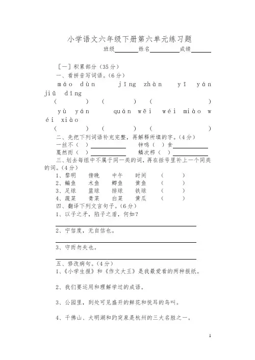 六年级语文下册第六单元练习题