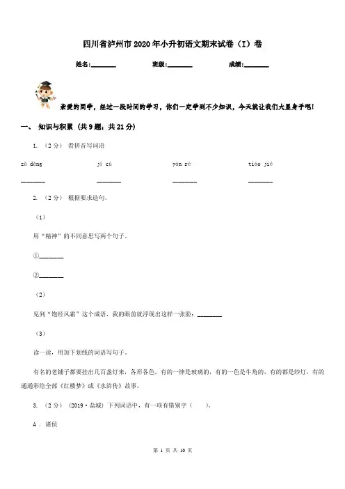 四川省泸州市2020年小升初语文期末试卷(I)卷新版