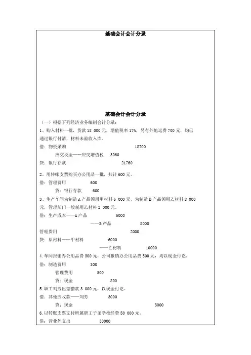 (财务会计)基础会计分录