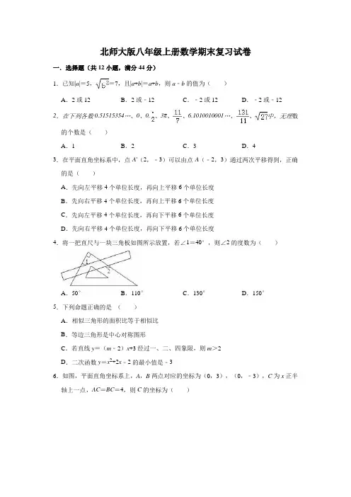 北师大版八年级上册数学期末复习试卷(有答案)