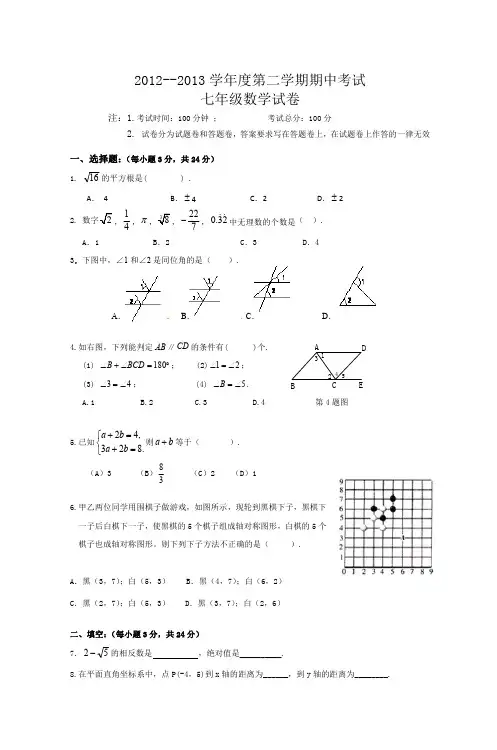 20122013学年度第二学期期中考试